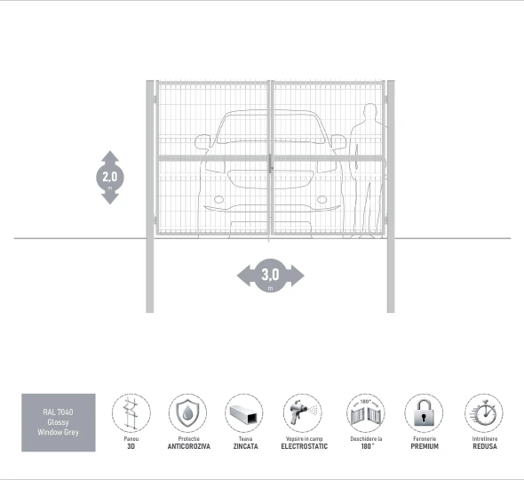 Poarta auto batanta OPTIMA 3D H-2,0m L-3,0m (D100) RAL7040 - image 1