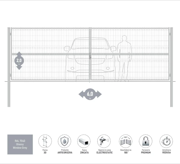 Poarta auto batanta OPTIMA 3D H-2,0m L-6,0m (D100) RAL7040 - image 1