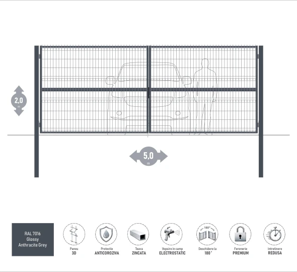 Poarta auto batanta OPTIMA 3D H-2,0m L-5,0m (D100) RAL7016 - image 1