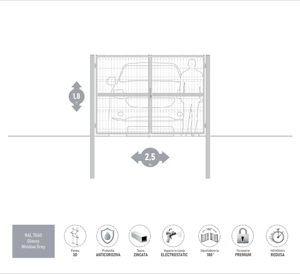 Poarta auto batanta OPTIMA 3D H-1,8m L-2,5m (D100) RAL7040 - image 1