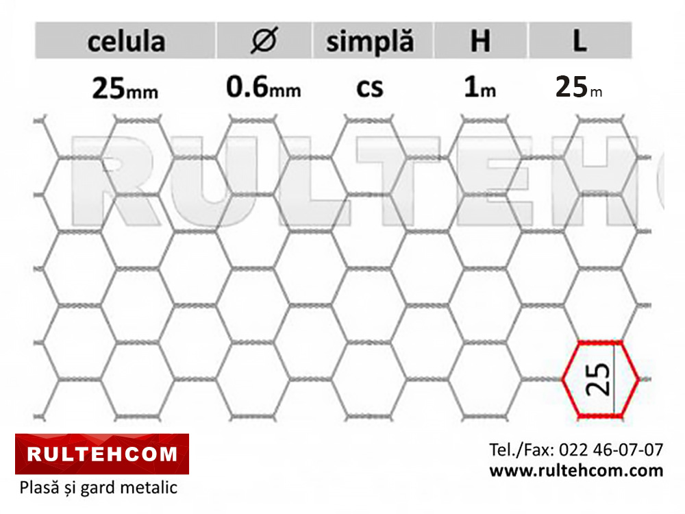 Plasă hexagonală 25х25mm D-0,6mm B-1m L-25m S-25m2