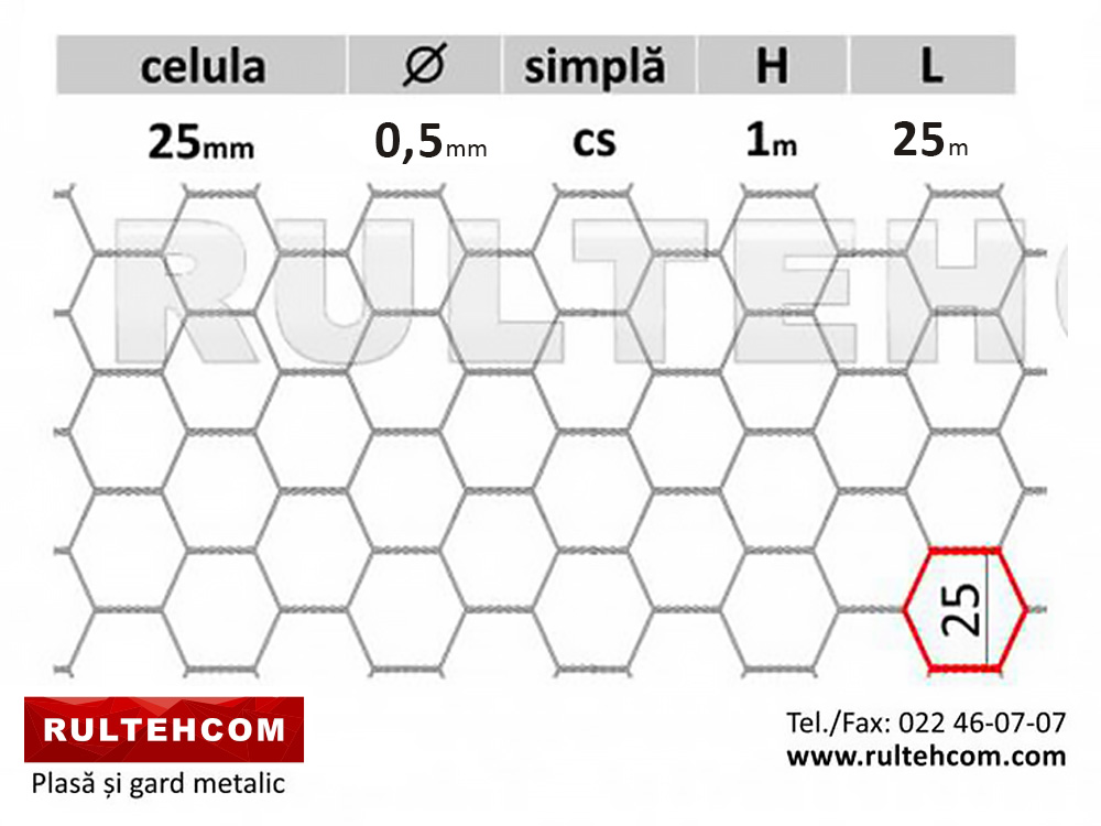 Plasă hexagonală 25х25mm D-0,5mm B-1m L-25m S-25m2