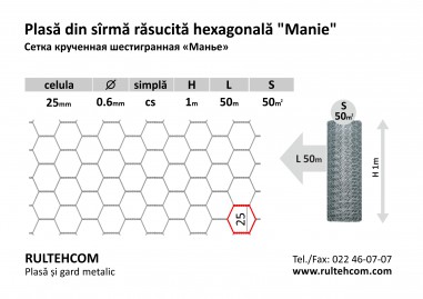 Plasă hexagonală 25х25mm D-0,6mm B-1m L-50m S-50m2